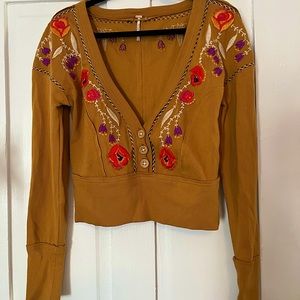 Free People Embroidered Mustard Yellow Sweater M